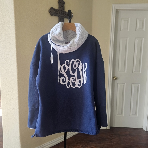 Marley Lilly Women’s XL Cowl Neck Roll Up Sleeves Blue White Pullover - Picture 1 of 7